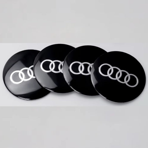 PEGATINA PARA CENTRO DE RUEDA AUDI COLORES NEGRO Y PLATA JUEGO DE 4 PIEZAS TAMAÑO A ELEGIR MEDIDAS EXTERIORES DE 56 Y 65MM